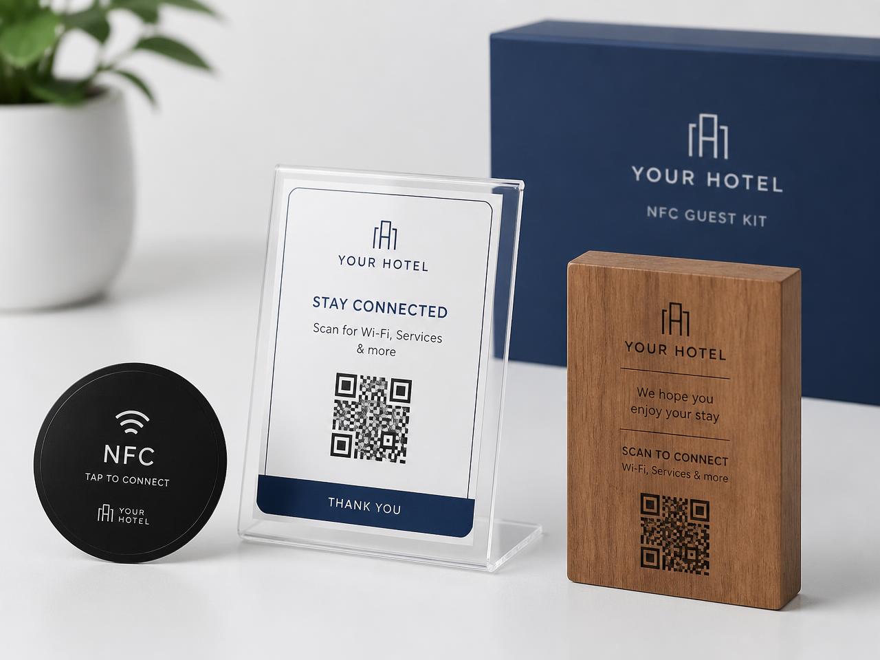 Kit NFC y QR para hoteles: sticker, stand y placa premium